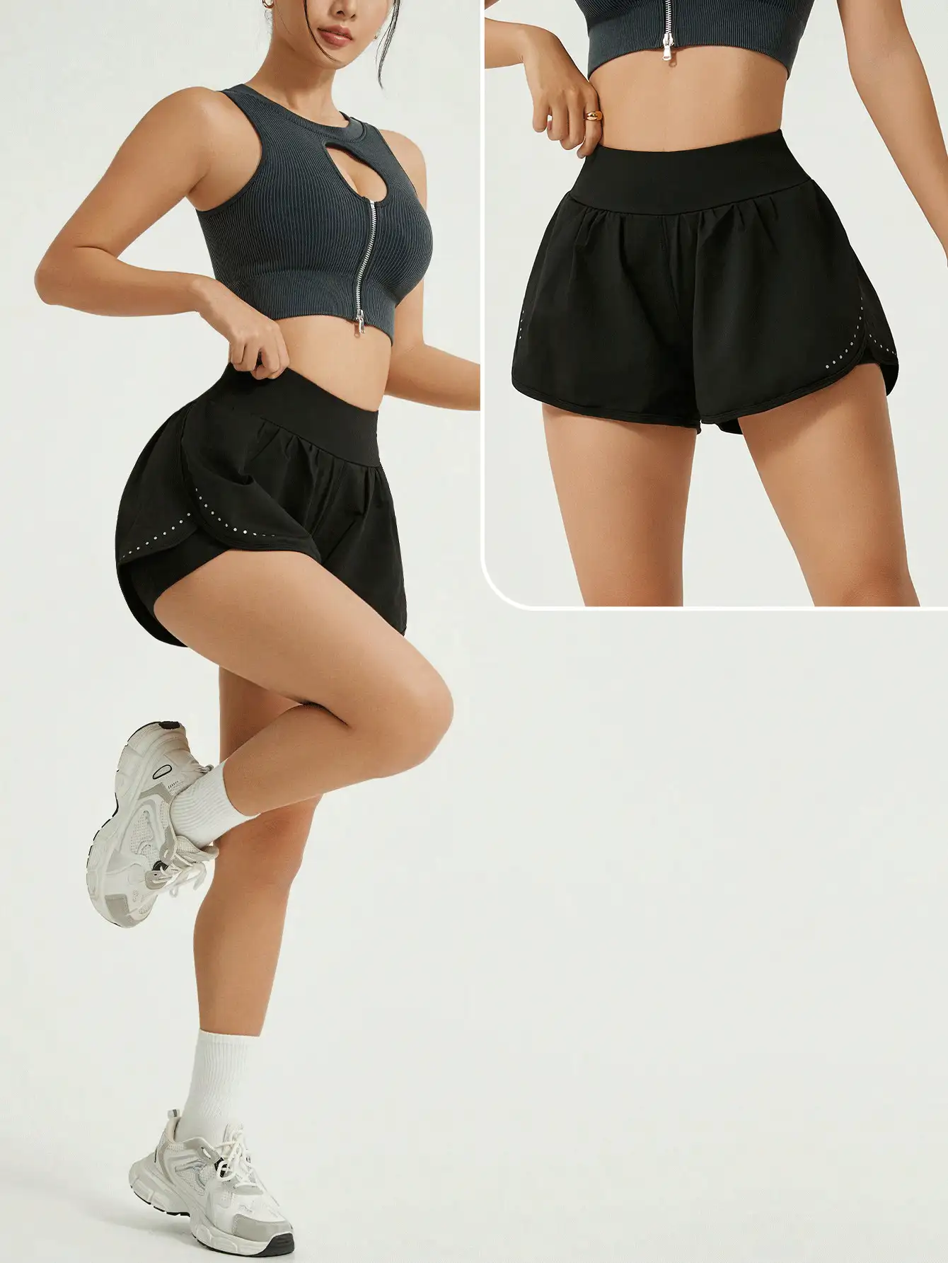 1pc High Waist Shorts With Pockets, 2 In 1 Design, Athletic Style - Black - View 2