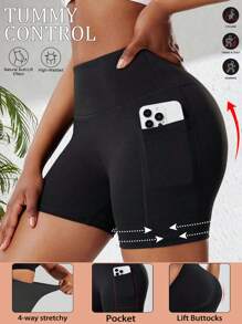 Short de yoga pour femmes avec poches, short de cyclisme noir, short taille haute ajusté sans couture avec contrôle du ventre et effet galbant pour les fesses, cyclisme, course, gym et sports - Noir - Voir 2