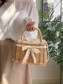 Nuevo bolso cuadrado de perlas tejido a mano con cordón de lazo de satén, canastas de regalo de bodas, lazo tejido