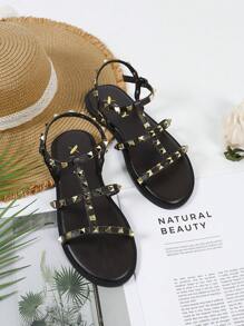 Women's Fashion Open Toe Sandals, Casual Beach Street Style Clip Stud Decor Memory Foam Insole Flat Sandals, Sexy And Personalized In Black