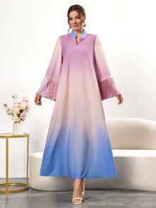 Women's Casual Simple Ombre Tassels Round Neck Long Sleeve Dress,Modest - Multicolor - View 1