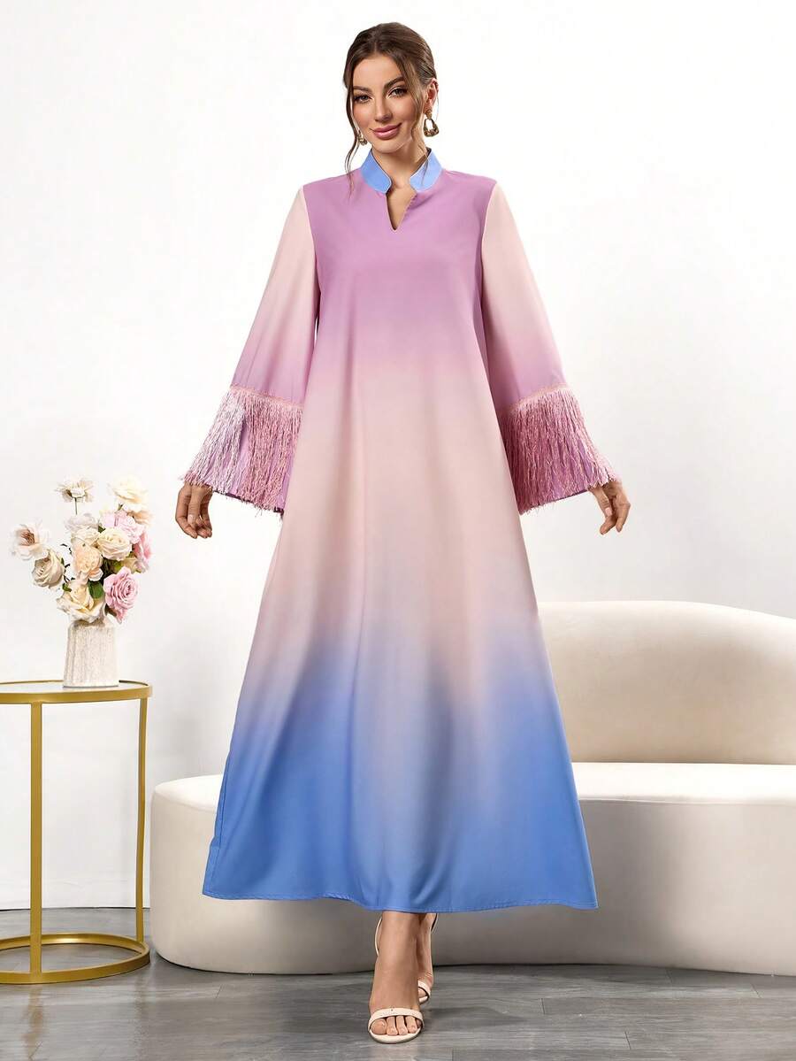 Women's Casual Simple Ombre Tassels Round Neck Long Sleeve Dress,Modest - Multicolor - View 1