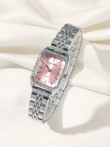 CARYINO 1pc CARYINO Women's Classic Square Stainless Steel Quartz Watch With Zirconia Inlay, Elegant And Versatile For Daily, Business, And Party Wear