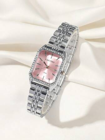  1 件 CARYINO 女士经典方形不锈钢石英表，镶嵌锆石，优雅百搭，适合日常、商务和派对佩戴