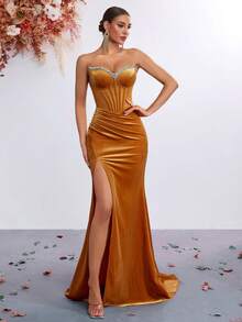 ADYCE Women's Deep V Neck Backless Long Party Dress With Rhinestone Decor, Pleated Slit Front, Elegant Formal Gown For Wedding, Prom, Gala Events - Gold - View 3