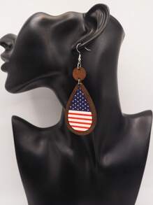 1 Pair New Patriotic Layered Wooden Star Stud Earrings With Wooden Frame, Celebrate 4th Of July