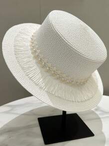 1pc Women Straw Weave Hat, Casual Cute Elegant Tasseled Pearl Flat Top Straw Hat For Summer, British Style Beach Sun Hat Suitable For Outdoors, Travel And Leisure Use - MZ2791 - View 11
