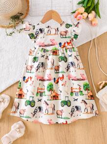 Adorable Summer Dress For Girls - Cartoon Animal Print With Ruffle Sleeves, Knit Fabric For Summer - Apricot - View 2