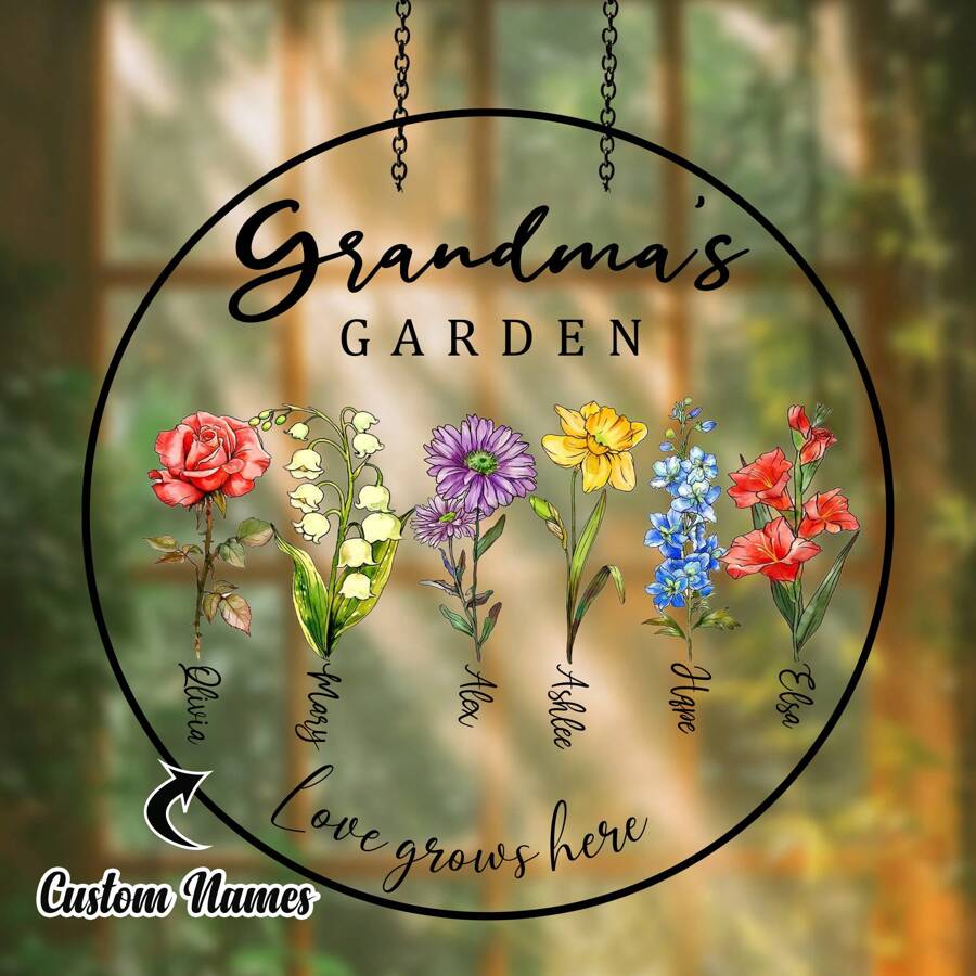 1pc Custom Kids Name Acrylic Suncatcher ,Grandma Gift,Personalized Home Decoration,Personalized Acrylic Window Hanging Decoration,Personalized Grandma's Garden Gift For Grandma, Mother's Day Gift For Grandma, Nana Birth Month Flower Stain Acrylic Suncatcher,Gift For Grandma, Gift For Mama,Gift For Nana,Perfect Gift For Birthday,Mothers Day Gift,Suitable For Decoration In Living Rooms, Bedrooms, Courtyards, And Gardens.,Multi-Functional,Adjustable, Ornamental,Reusable,Adhesive,Exquisite,Adorable,High-Quality,Modern,Colorful,Cute,Comfortable,Stylish,Custom,Personalized,Unique,Ideal Gifts For Him,Ideal Gifts For Her,Boyfriend,Girlfriend,Dad,Mom,Family,Friends,Son,Daughter,Office,Tea Room,School,Home,Home Refresh,Customized Crafts,Office Decor,Elegant Living