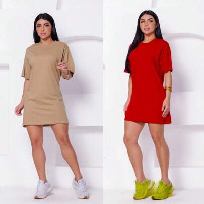 Kit 2 Vestidos Gola Redonda Algodão