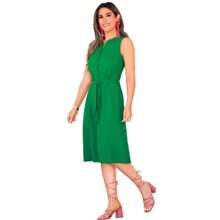 Ropa Vestido Verde Midi Para Dama Con Botones Frontales Mangas De Resaque Y Cinturón A Juego En Tela De Poliéster Y Elastano - Verde - Ver 1