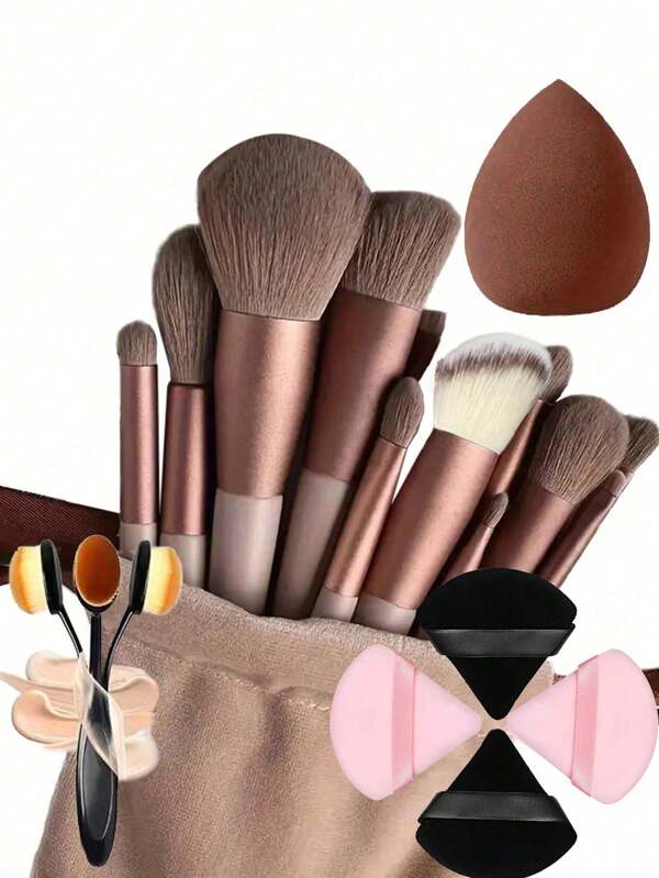20 pièces Ensemble de pinceaux de maquillage, comprenant : 13 pinceaux de maquillage (blush, fond de teint, ombre à paupières, contour, ensemble de pinceaux de maquillage, pinceau à ombre à paupières, pinceau de maquillage à poils doux, pinceau à joues, etc.), 1 sac de rangement à cordon, 1 brosse spoolie, 2 éponges de maquillage roses, 2 éponges de maquillage noires, avec 3 options : 1) 4 éponges de maquillage (2 roses + 2 noires), 2) 1 pinceau de fond de teint n°4, 3) 13 pinceaux de maquillage + sac de rangement + 4 éponges de maquillage + 1 pinceau de fond de teint n°4