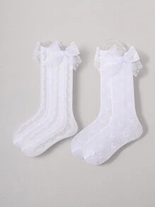 2 Pairs Baby Girls' Adorable Lace Bow & Heart Jacquard Mesh Leg Warmers, Suitable For Summer - White - View 6