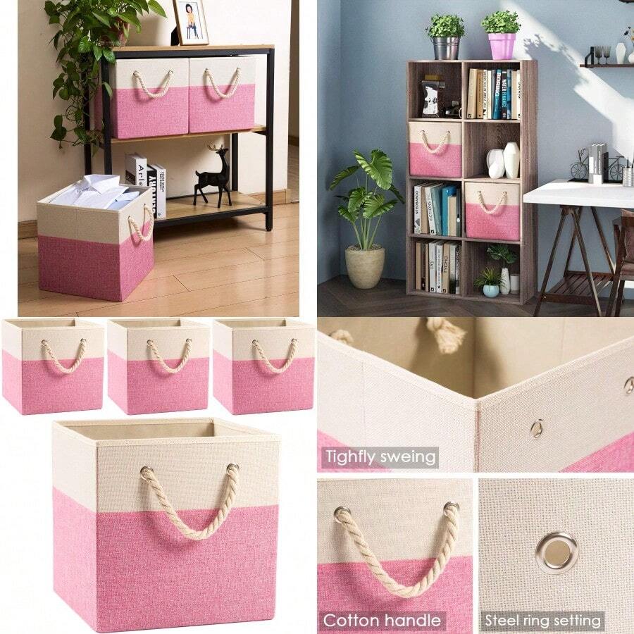 Large Foldable Cube Storage Bins 13x13 Inch [4-Pack] Durable Fabric Linen Baskets With Cotton Handles Organizer For Closet Bedroom Nursery Shelf Pink