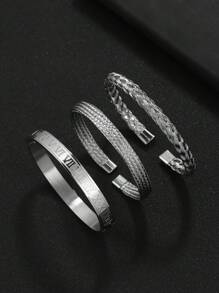 3pcs/Set Stylish Bully Stainless Steel Roman Word Twist Weave Crosshatch Decoration 's Bracelet Set Suitable For Everyday Matching Use Festive Jewellery