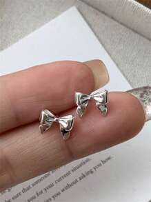 GAGAFEEL 1 Pair Of Niche Design Exquisite Sweet High-Grade S925 Sterling Silver Bow Earrings For Women, Suitable For Daily Wear, Date Wear, Birthday Gift - Silver - View 5