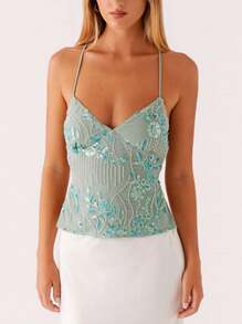 Women Y2k Sequin Beaded Cami Top Sparkly Floral Open Back Spaghetti Strap Crop Tank Top Sexy V Neck Camisole Summer Backless Pearl Embellished Shirts Going Out Tops Beach Vacation Party Clubwear Fairy Grunge Retro Aesthetic Clothes Streetwear - 綠色 - 查看 6
