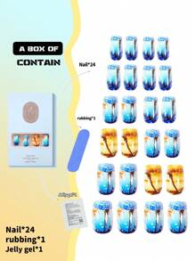 24 件夏季按压指甲蓝色海洋渐变色和棕榈树设计 - 中长款可重复使用丙烯酸假指甲套装，带果冻胶和指甲锉，全覆盖度假指甲，适合女性海滩派对/日常使用/下午茶 - 彩色 - 查看 2