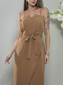 V761 Tailored Midi Dress With Straps - Mocha Brown - View 7