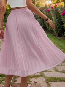hoteel Chic Elegant Pure Elastic Waist Pleated Midi Dress, Idea To Daily Wear All-Match, Woman Clothes - 藕粉色 - 查看 2