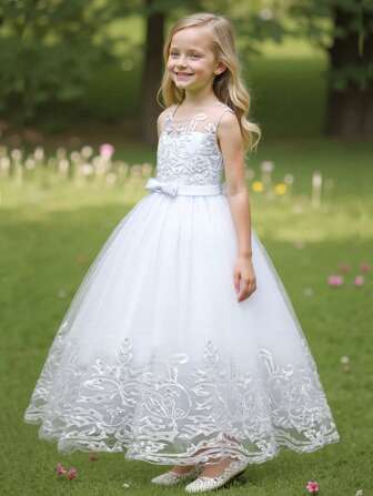 青少年女孩高端刺绣亮片无袖花童婚纱，蓬松生日婚礼派对公主礼服