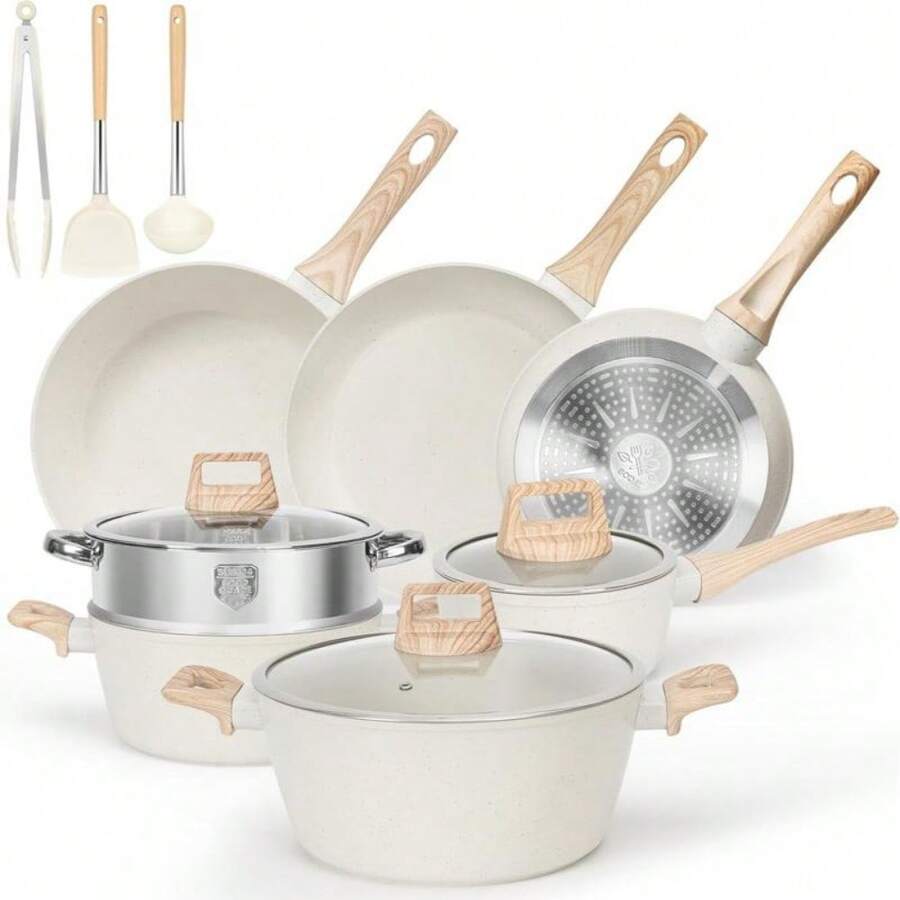 SODAY 12pcs Pots And Pans Set Non Stick Kitchen Cookware Sets Induction Cookware Nonstick Granite Cooking Set With Frying Pans, Saucepans, Steamer - 13pcs White/with 6.5QT Casserole - View 1
