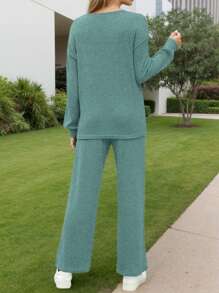 hoteel Casual Two Piece Outfits: Pullover Long Sleeves Knit Top + Loose Straight Pants With Pockets, Idea To Daily Wear, Woman Clothes - màu xanh lá - Xem 4