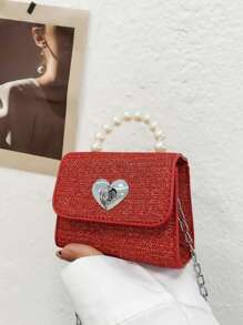 1PC Mini Square Bag, Shoulder Messenger Pearl Handbag, Metal Heart Decoration, Small Flip Design, Coin Purse, A Variety Of Colors To Choose From, Cute Style, Meet Basic Storage Needs, Chain Strap, And Versatile, Suitable For Daily Outings, Shopping Travel, Show Personalized, Gifts Children, Birthday - Pearl Mini Crossbody Bag - View 11