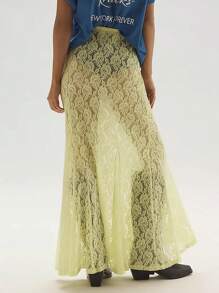 Women Sheer Lace Skirts Flower Elastic Waist See Through Summer Long Skirt Causal Streetwear - Yellow - View 3