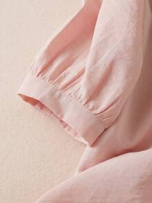 女式休闲亚麻花卉刺绣衬衫，七分袖，夏季 - 粉色 - 查看 4