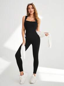 Women Seamless Yoga Jumpsuit, Solid Color Slim Fit Sports Romper - Black - View 3
