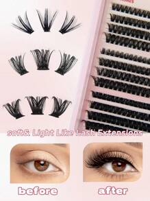 Deluxe DIY 50D+60D+80D Thick False Eyelashes, 8-14mm Length, 12 Rows Highly Dense Clusters For Beginners, Natural Curly Lash Extensions Set