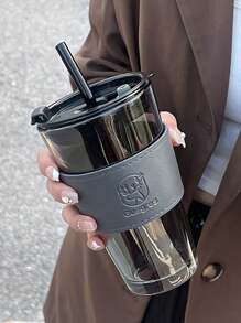 1个玻璃杯450ml大容量带盖奶茶吸管水杯早餐咖啡杯学生杯玻璃咖啡杯带盖茶奶杯带吸管饮具精美礼品杯