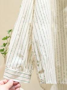 Stylish Blue Striped Blouse For Women, Artistic Loose Casual Shirt, Spring New Arrival - Green - View 6