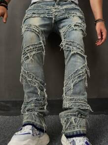 Men's Retro Washed Blue Skinny Fit Distressed Jeans, Emo Style - Bronze - View 2
