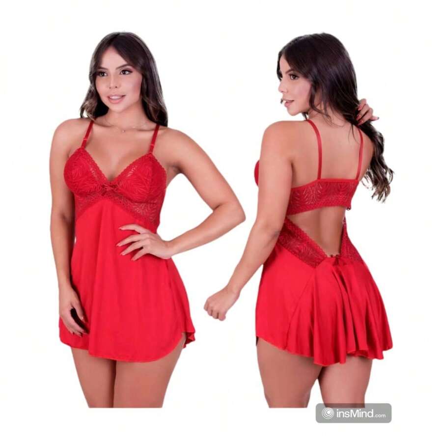 Sexy Lace Nightdress Backless Pajamas Sensual Comfortable Elegant Nightwear - Đỏ - Xem 1