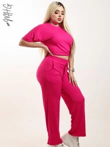 Camiseta de cuello redondo y mangas estilo murciélago y pantalones con cordón en la cintura - Rosa / Rojo - Ver 9