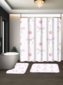 1/4 件套防水涤纶浴帘，带樱花蝴蝶结和水果图案，包括 12 个挂钩，浴室装饰，防水，可机洗，适用于家庭、酒店、公寓，精美礼物 - 彩色 - 查看 14
