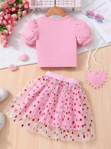 Girl Toddlers' Solid Ribbed Short Sleeve Crew Neck Rhinestone T-Shirt + Heart Net Skirt Set With Heart Crossbody Bag, Summer - Pink - View 2