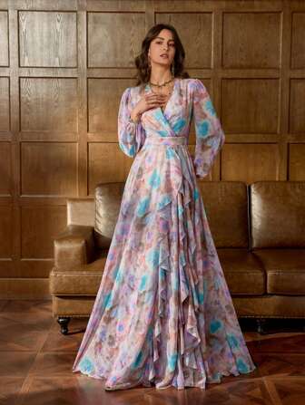 Faeriesty Printing Soft Floral Chiffon Long Sleeve Evening Gown With Tiered Ruffles - Elegant And Flowing, Perfect For Formal Dinners, Weddings, Art Gallery Openings, Gala Events And Luxurious Family Gatherings