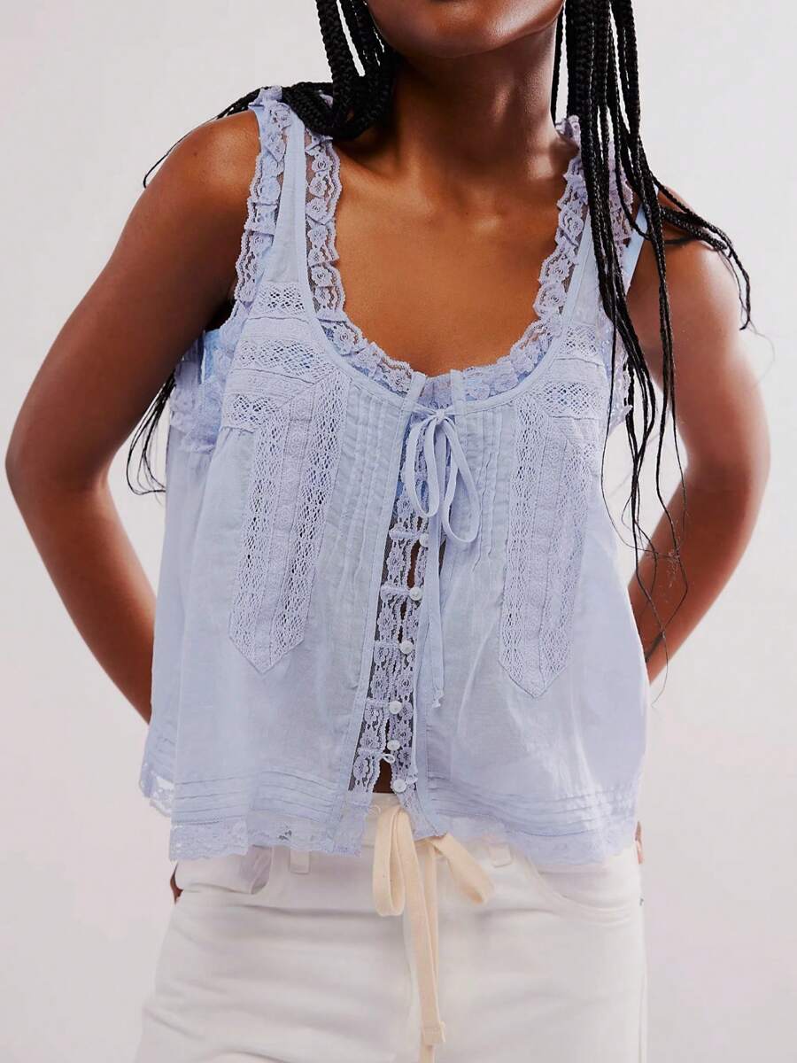 Women Lace Trim Vest Tank Tops Y2K Fairy Sleeveless Tie Button Front Sheer Mesh Crop Tops Summer Going Out Tops Cute Loose Fit Cami Shirt Aesthetic Clothes - 藍色 - 查看 1