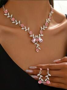 1 套向日葵水晶首饰套装：女士项链和耳环、婚礼派对配饰 - 粉色 - 查看 2