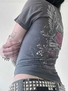 Women Y2K Gothic Rose Graphic T-Shirts V-Neck Short Sleeve Shirts Slim Fit Summer Casual Tops Aesthetic Streetwear