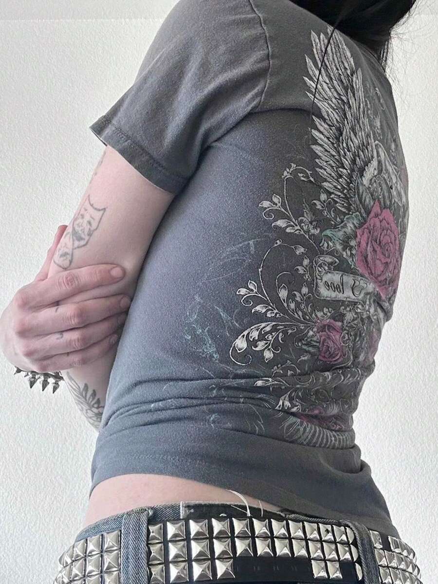 Women Y2K Gothic Rose Graphic T-Shirts V-Neck Short Sleeve Shirts Slim Fit Summer Casual Tops Aesthetic Streetwear