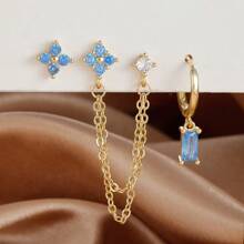 Set de 3 piezas de aretes con baño de oro de 18K y piedras preciosas decorativas, con cierre cartílago y múltiples perforaciones, joyería de regalo para mujeres y niñas - E1569b-Juego de 3 pendientes - Ver 16