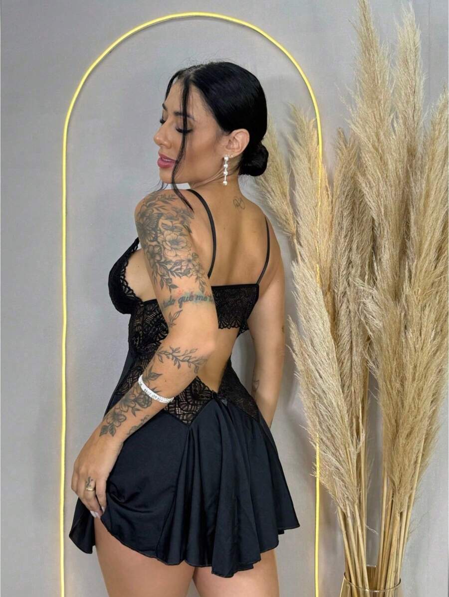 Sexy Lace Nightdress Backless Pajamas Comfortable Sensual Elegant Night - màu đen - Xem 1