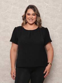 ONLYONE - WOMEN'S SHORT SLEEVE PRINCESS PLUS SIZE BLOUSE WITH LIGHT DUNES NECKLINE DETAIL - WOMEN'S BLOUSES - 黑色 - 查看 1