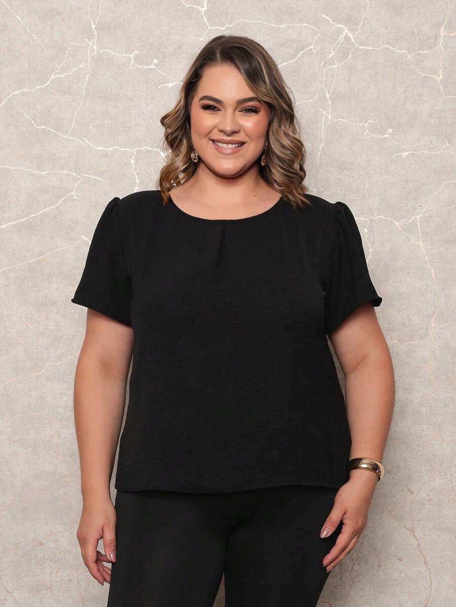 ONLYONE - WOMEN'S SHORT SLEEVE PRINCESS PLUS SIZE BLOUSE WITH LIGHT DUNES NECKLINE DETAIL - WOMEN'S BLOUSES - 黑色 - 查看 1