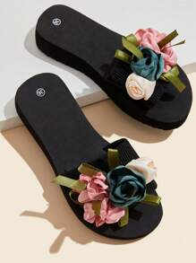 New Design Flower Decor Slide Sandals For Women, Summer Strap Chunky Heel Fashion Outdoor Slippers, Non-Slip Beach Vacation Sandals, House Slippers