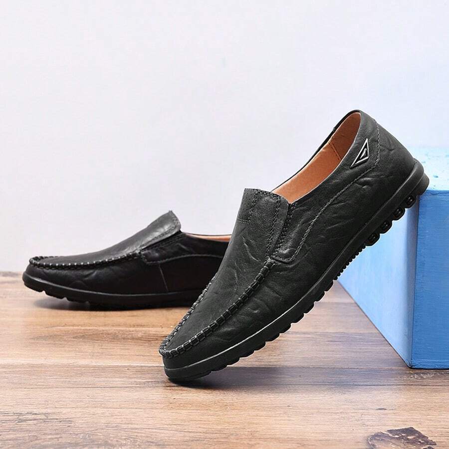 2025 男士纯色裂纹牛皮乐福鞋 - 耐用橡胶底休闲正装鞋，适合办公室